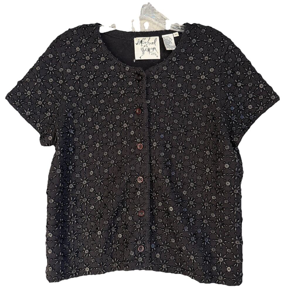 Michael Simon Cardigan Womens Medium Black Beaded Flowers Short Sleeve Vtg